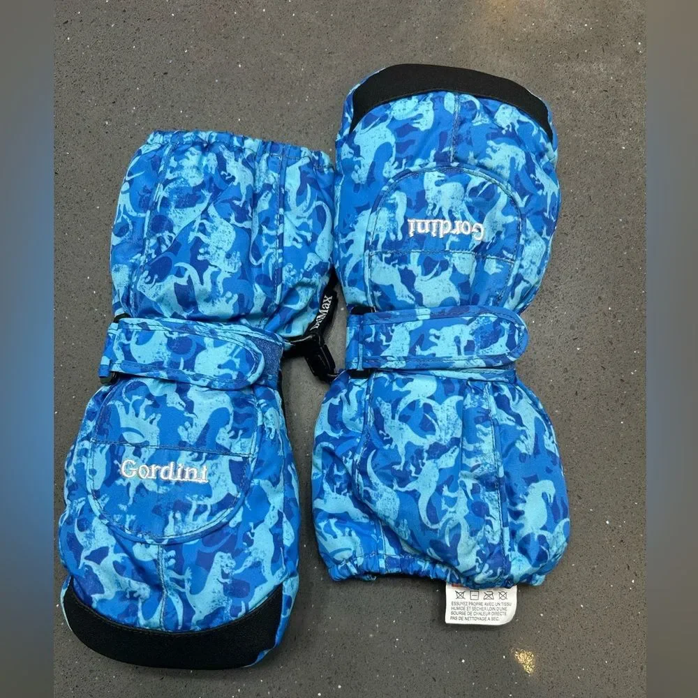 Gordini Toddler's Easy On Mittens in a blue dinosaur camouflage print